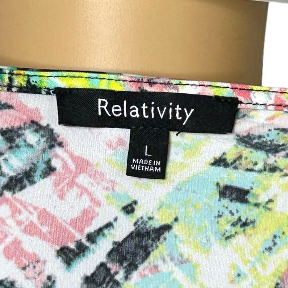 Relativity Womens L Stretch Multicolor Yellow Pink Cap Short Sleeve Shirt Blouse - Picture 8 of 11